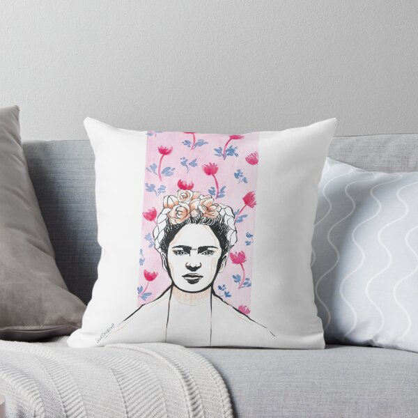 Artikelvorschau, Florales Frida Kahlo-Aquarellporträt mit rosa und blauer Blume entworfen und verkauft von SoatCreation.