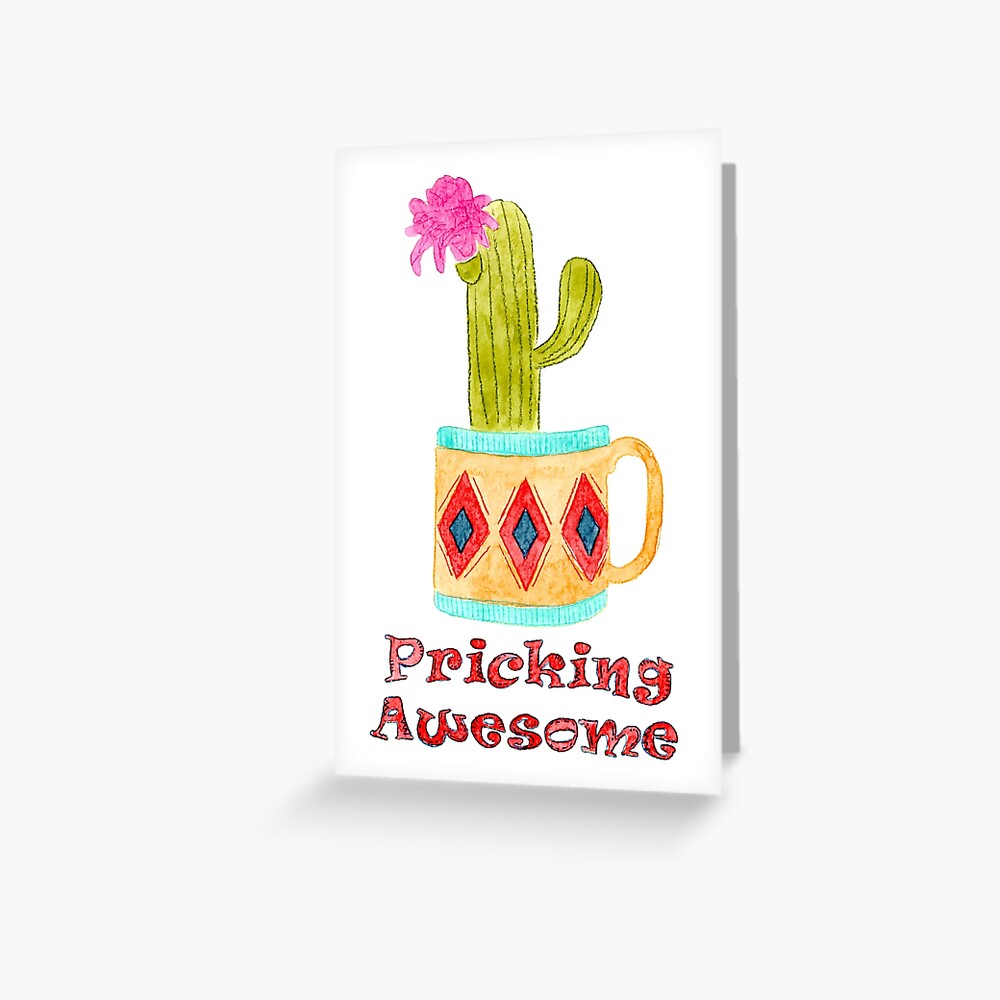 Pricking Awesome Cactus in a Cup   Watercolor Cactus   Funny Cactus Puns    Greeting Card