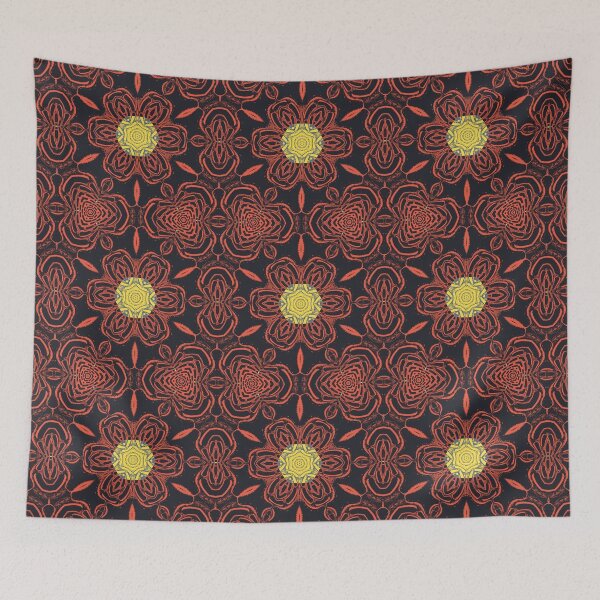 Item preview, floral fantasy bright orange gold and black kaleidoscopic hexagonal design designed and sold by mister-john.