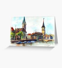 Zurich. Switzerland. Watercolor painting. Greeting Card