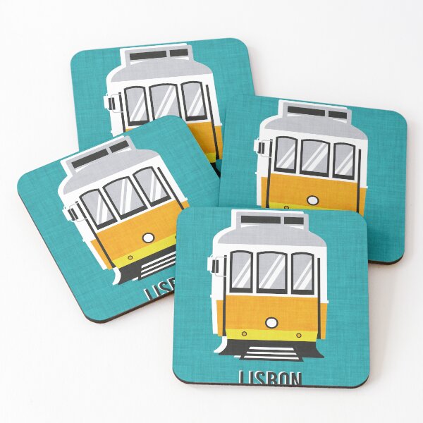 Item preview, Lisbon trams // peacock blue background lemon lime and marigold transport designed and sold by SelmaCardoso.