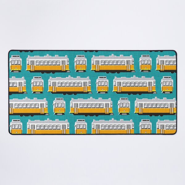 Item preview, Lisbon trams // peacock blue background lemon lime and marigold transport designed and sold by SelmaCardoso.