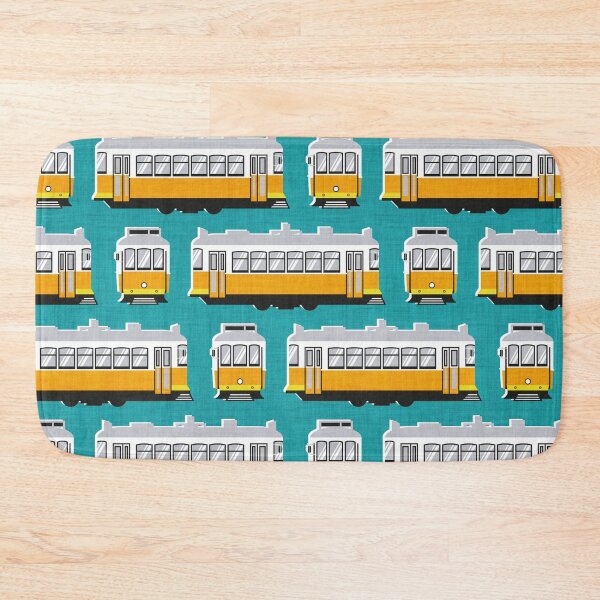 Item preview, Lisbon trams // peacock blue background lemon lime and marigold transport designed and sold by SelmaCardoso.