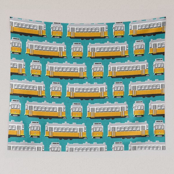 Item preview, Lisbon trams // peacock blue background lemon lime and marigold transport designed and sold by SelmaCardoso.