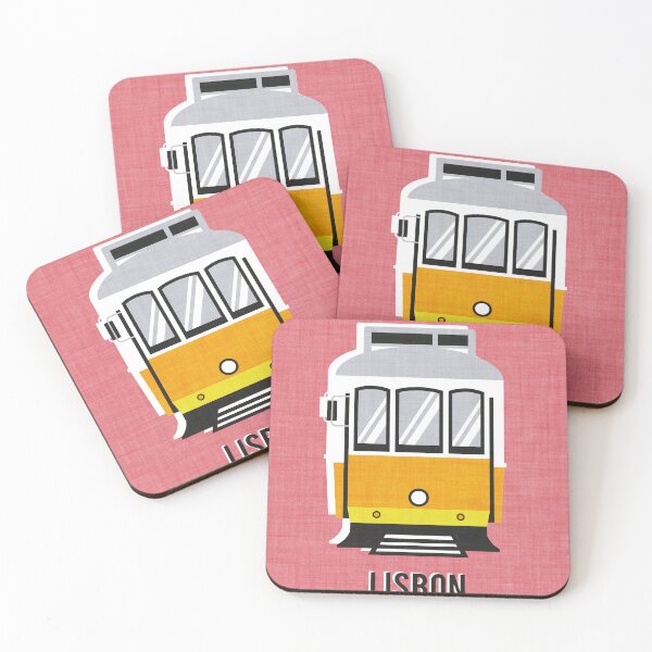 Item preview, Lisbon trams // watermelon pink background lemon lime and marigold transport designed and sold by SelmaCardoso.