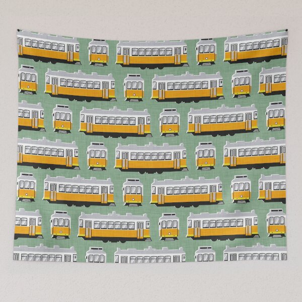 Item preview, Lisbon trams // jade green background lemon lime and marigold transport designed and sold by SelmaCardoso.