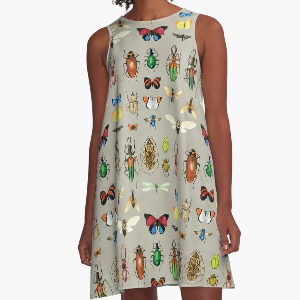 The Usual Suspects - Insects on grey - watercolour bugs pattern by Cecca Designs A-Line Dress