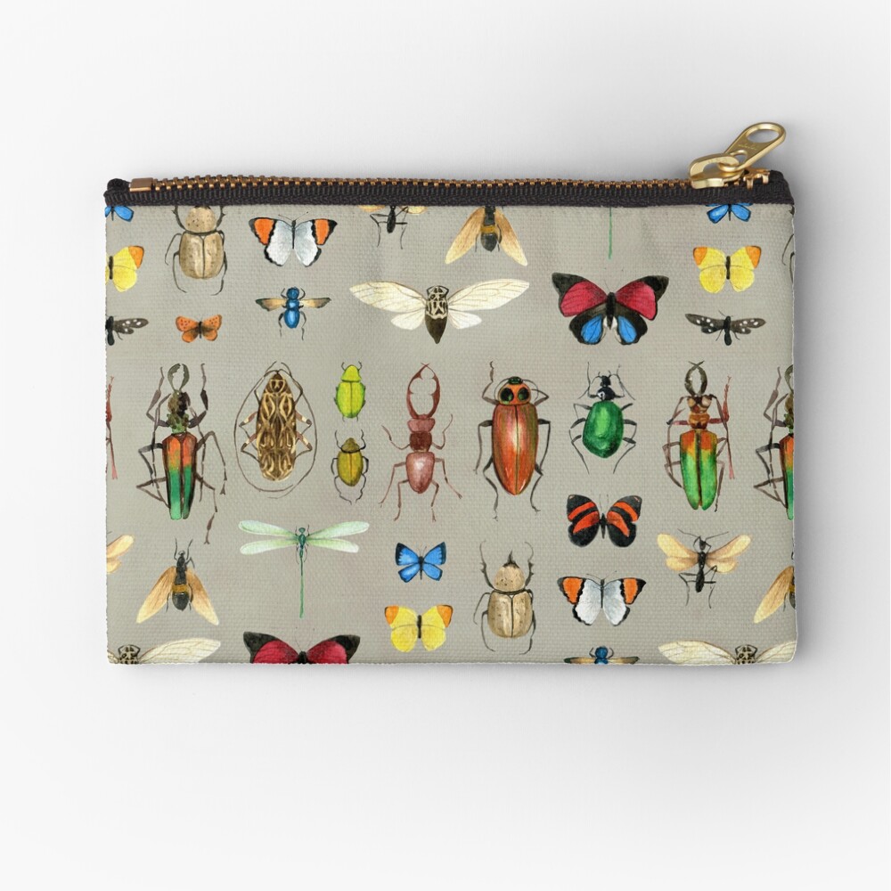 The Usual Suspects - Insects on grey - watercolour bugs pattern by Cecca Designs Zipper Pouch