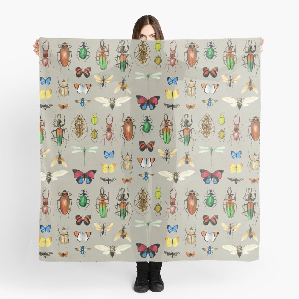 The Usual Suspects - Insects on grey - watercolour bugs pattern by Cecca Designs Scarf