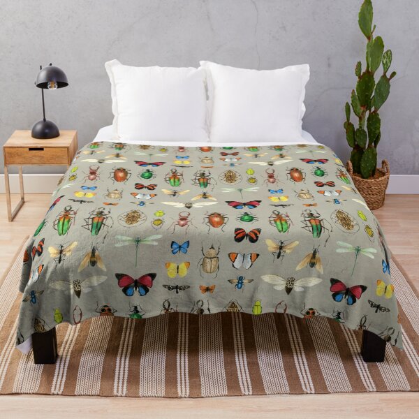 The Usual Suspects - Insects on grey - watercolour bugs pattern by Cecca Designs Throw Blanket