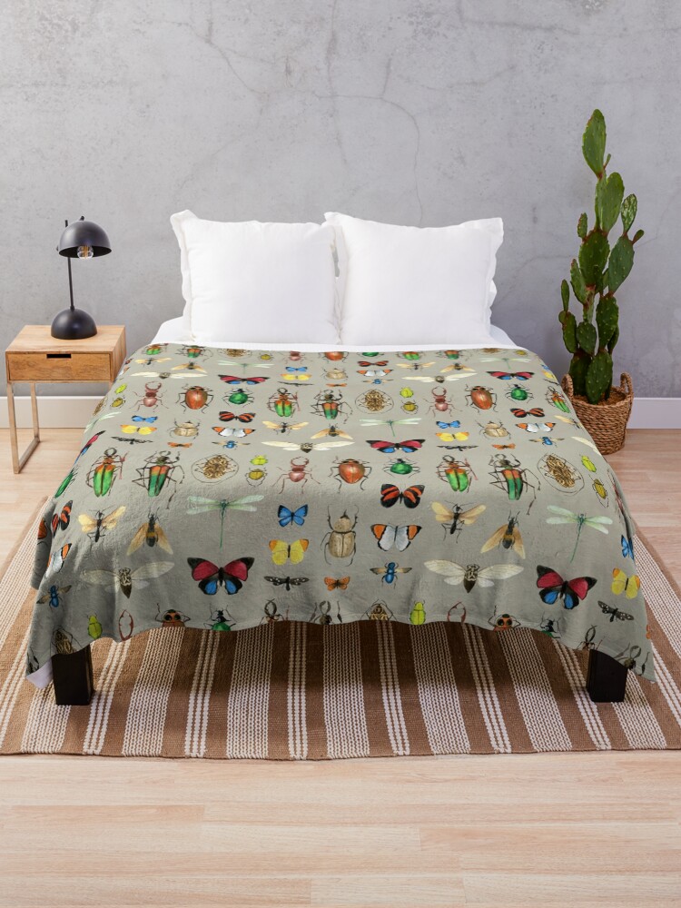 Thumbnail 1 of 6, Throw Blanket, The Usual Suspects - Insects on grey - watercolour bugs pattern by Cecca Designs designed and sold by Cecca-Designs.