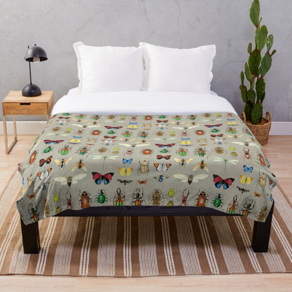The Usual Suspects - Insects on grey - watercolour bugs pattern by Cecca Designs Throw Blanket