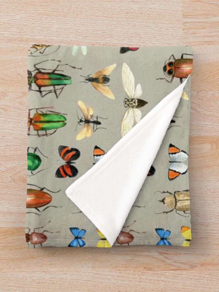Thumbnail 3 of 6, Throw Blanket, The Usual Suspects - Insects on grey - watercolour bugs pattern by Cecca Designs designed and sold by Cecca-Designs.