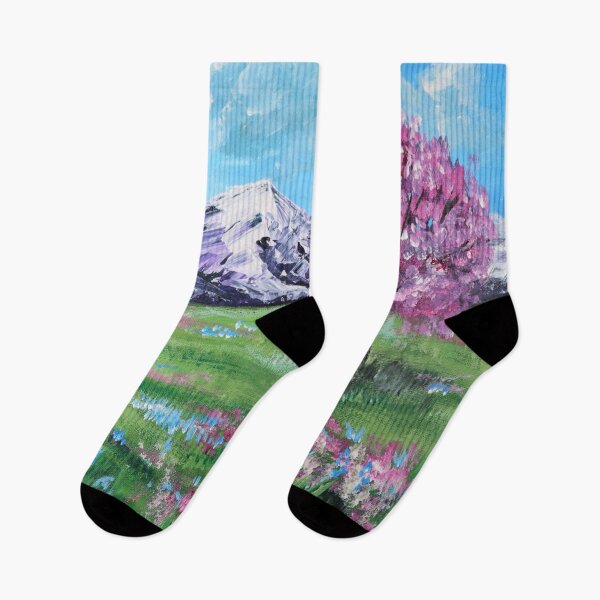 Item preview, nature dreamy landscape snowy mountain spring wildflower field cherry blossom designed and sold by LEILA ART SPACE.