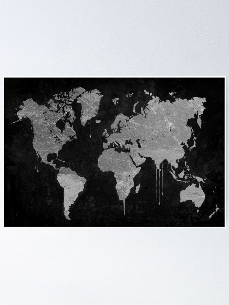 Silver World Map Wall Art Silver And Black World Map" Poster By Mindydidit | Redbubble