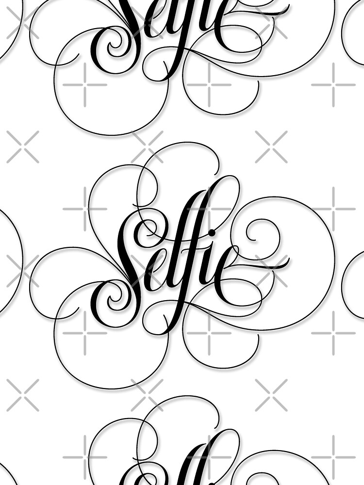 Elegantly Flourished Calligraphy Hand Lettering 'Selfie' Black on White Lettering by 26-Characters