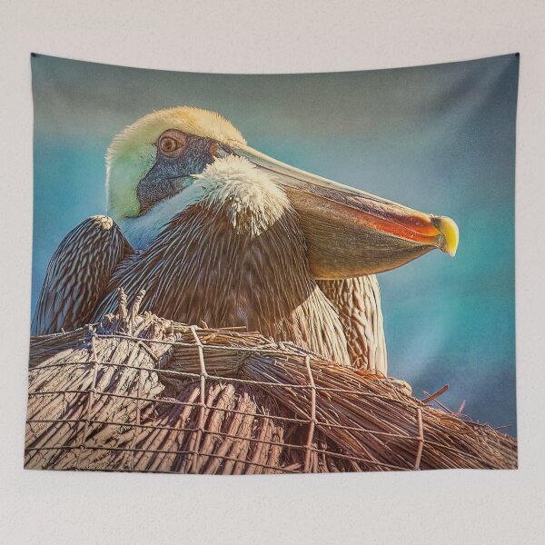 Item preview, Majestic gray pelican on the top of a palapa designed and sold by Travelways.