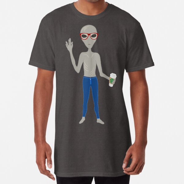 Alien Hipster In Skinny Jeans With Coffee Long T-Shirt