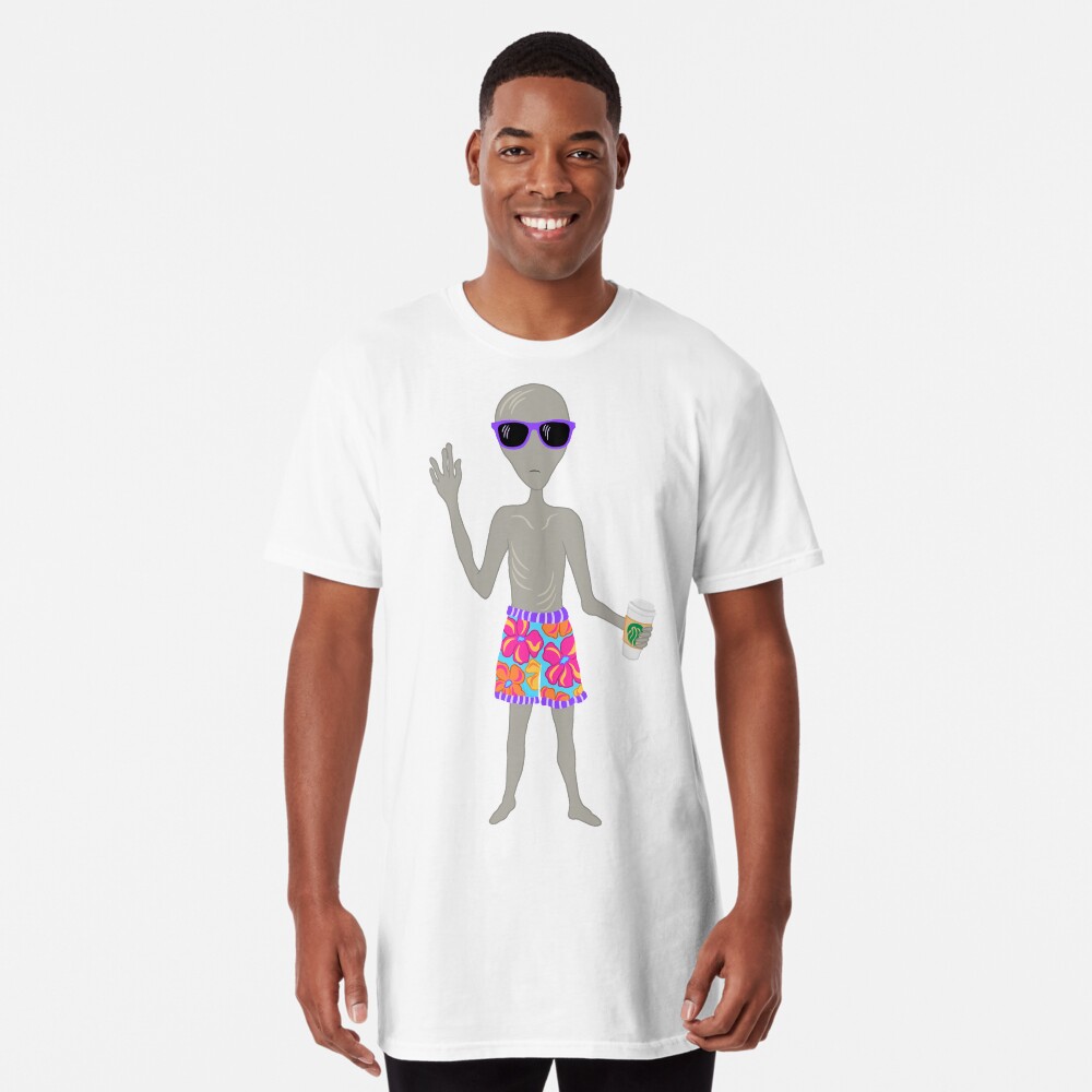 Awkward Alien Surfer With Coffee Long T-Shirt