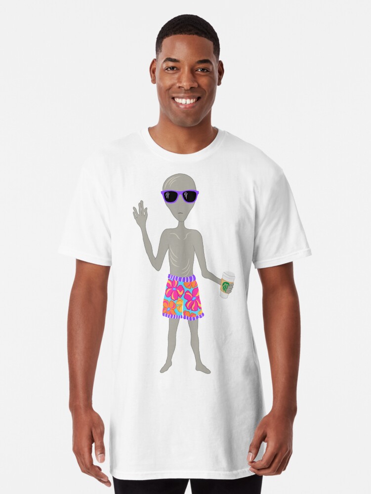 Thumbnail 1 of 5, Long T-Shirt, Awkward Alien Surfer With Coffee designed and sold by theartofvikki.