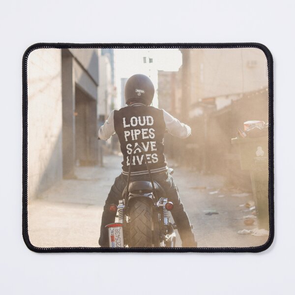 Item preview, biker down a alley with "loud pipes save lives" message on back of jacket designed and sold by ydsdesigns.
