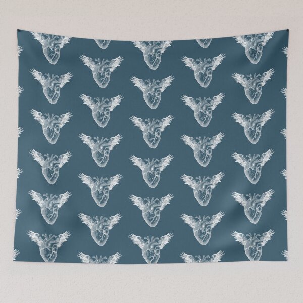 Item preview, Heart with bird wings, white version (blue background) designed and sold by Madame Memento.