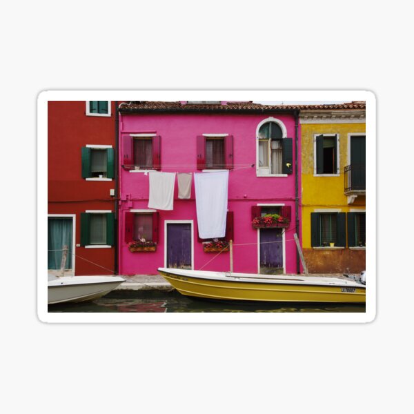 White laundry hanging Colorful houses Burano Italy N159b Sticker
