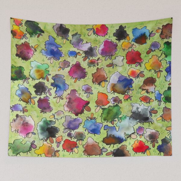 Item preview, Spinners Rare Breed Sheep Flock painting in watercolors and ink designed and sold by ChillonLeachArt.