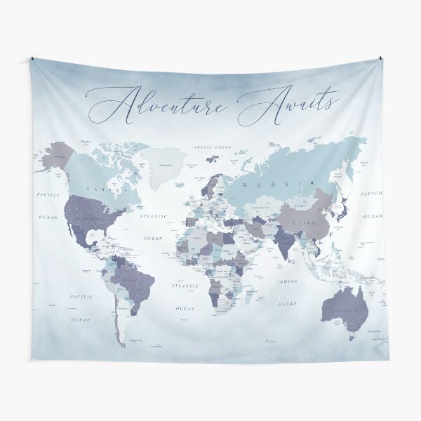 Adventure Awaits World Map in Blue Tapestry