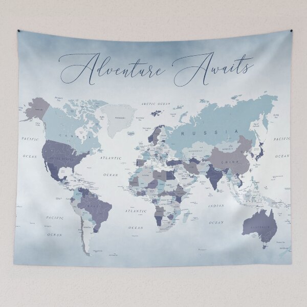Item preview, Adventure Awaits World Map in Blue designed and sold by UrbanEpiphany.