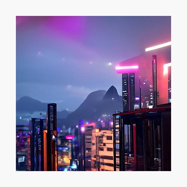 Cyberpunk Rio design cityscape futuristic Brazil Rio de Janeiro blue pink purple Photographic Print
