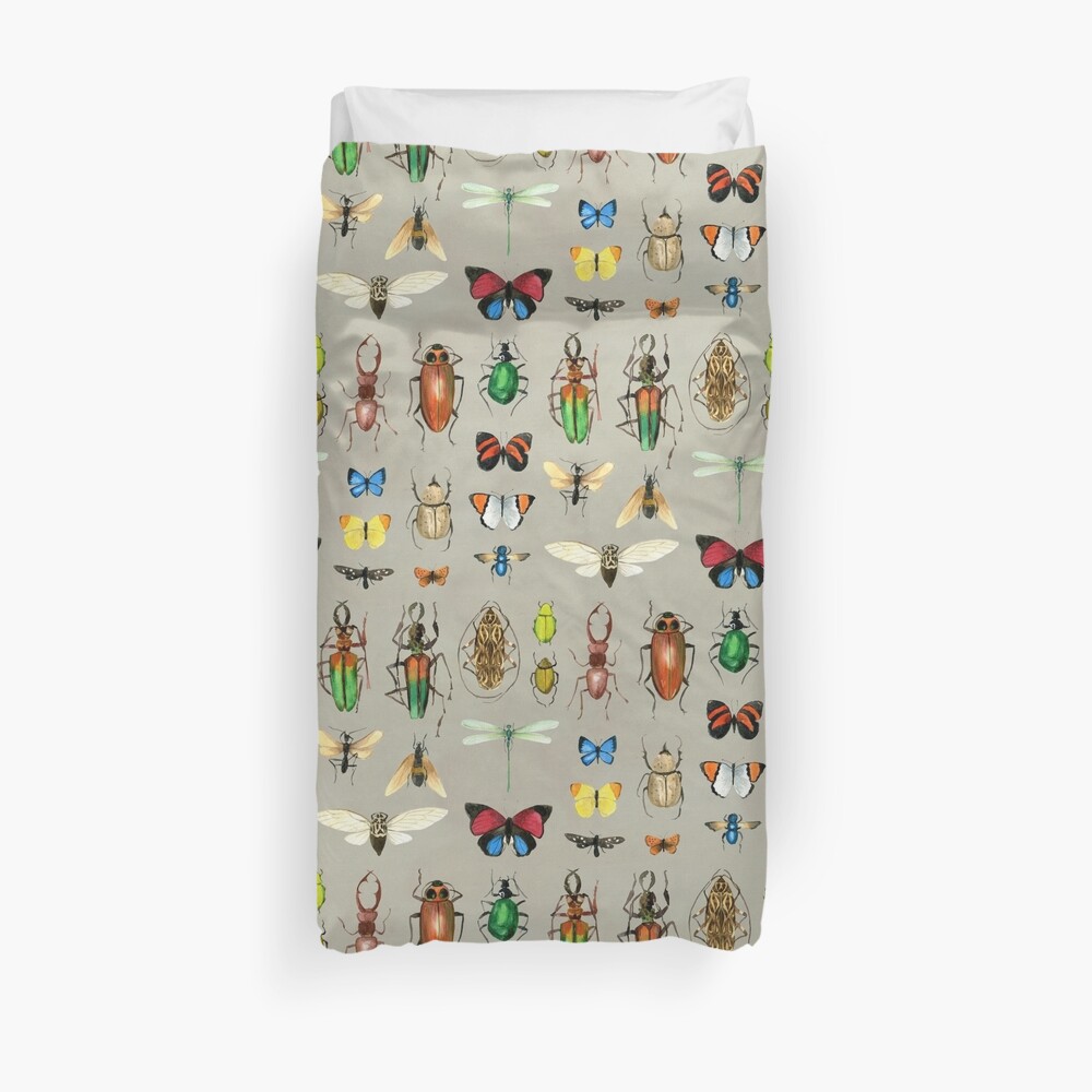 The Usual Suspects - Insects on grey - watercolour bugs pattern by Cecca Designs Duvet Cover