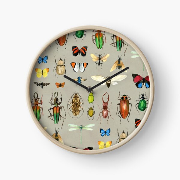 The Usual Suspects - Insects on grey - watercolour bugs pattern by Cecca Designs Clock