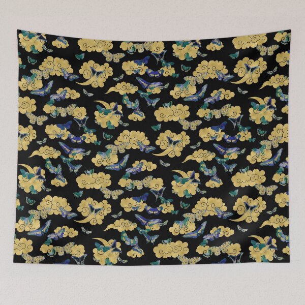 Item preview, Watercolor Art - Japanese Clouds Butterflies Pattern - Blue Gold Green designed and sold by WickedRefined - Nicole Demereckis.