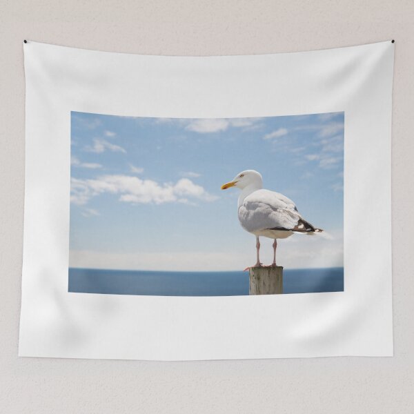 Item preview, Seagull Posing On Piling By The Ocean Seashore Beach designed and sold by bayberrygal.