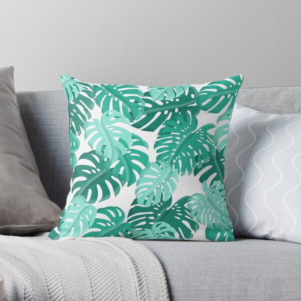 Tropical Green Monstera Print Throw Pillow