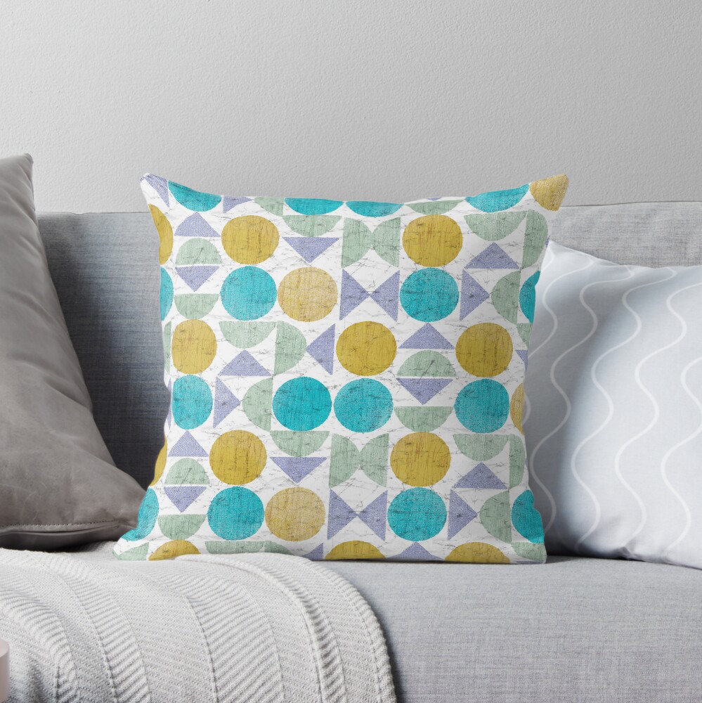 Mid Century Modern Textured Geometric in Mustard Teal Blue and Green Throw Pillow