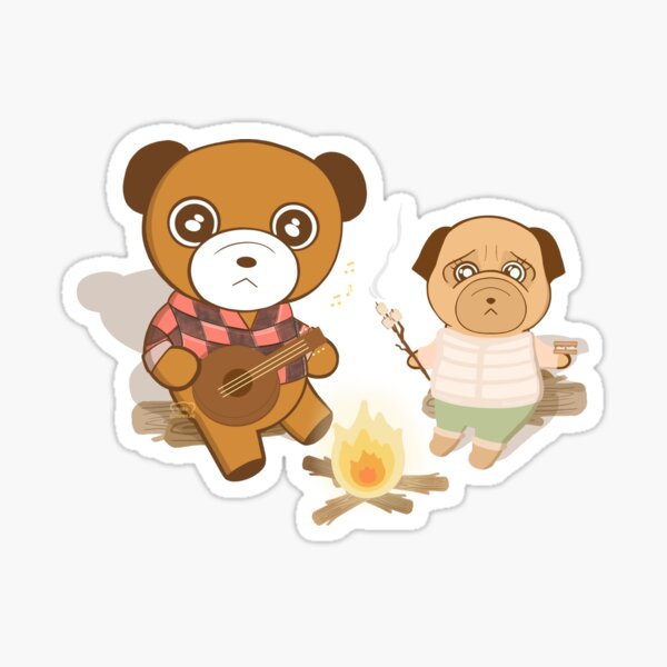 Bear and Pug Camping on Green Background Sticker