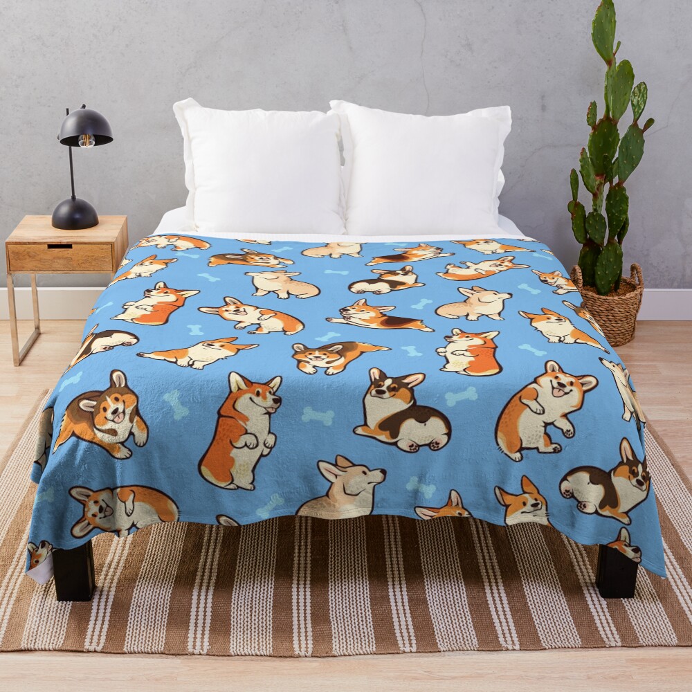 Jolly corgis in blue Throw Blanket