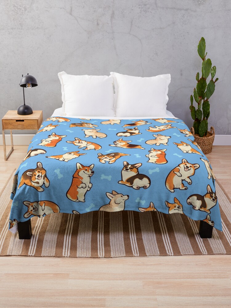 Thumbnail 1 of 6, Throw Blanket, Jolly corgis in blue designed and sold by Colordrilos.
