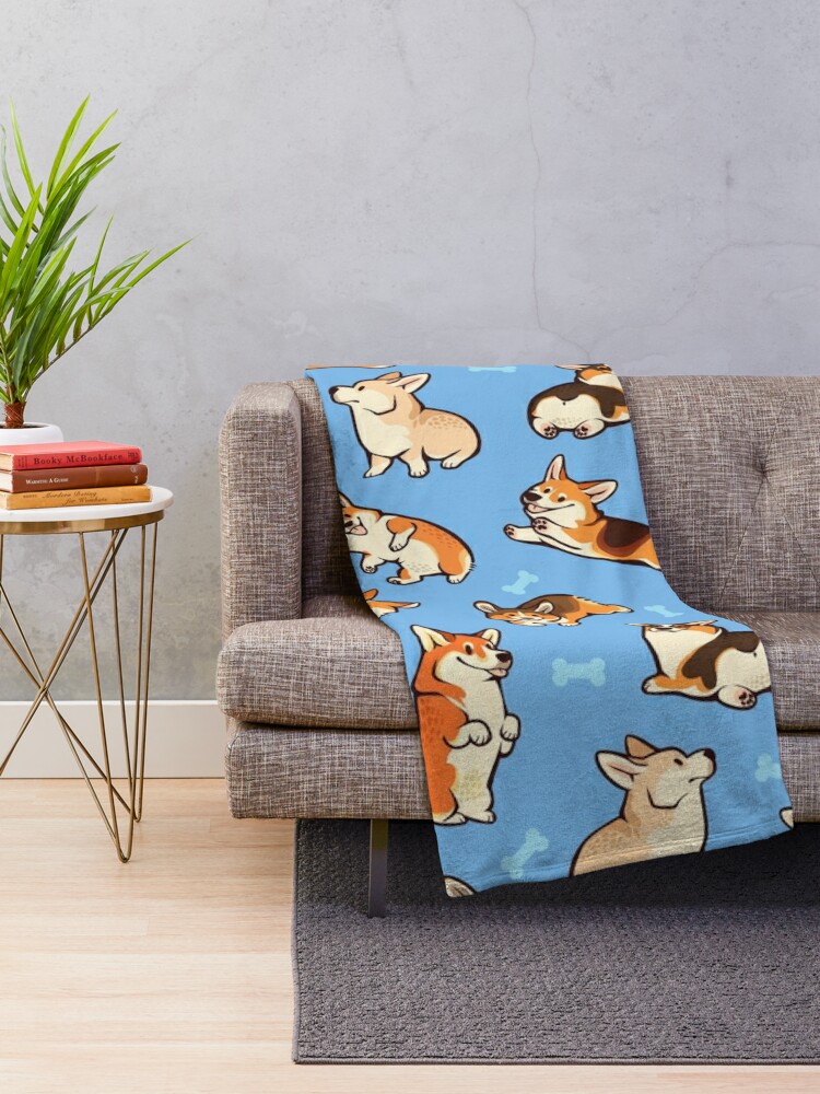 Throw Blanket, Jolly corgis in blue designed and sold by Colordrilos