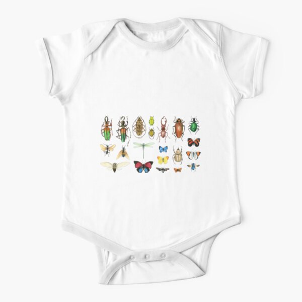 The Usual Suspects - Insects on grey - watercolour bugs pattern by Cecca Designs Short Sleeve Baby One-Piece