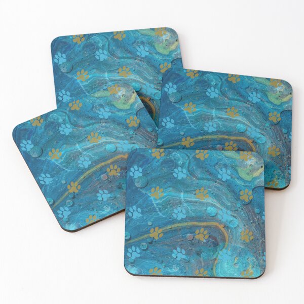 Item preview, dark blue and gold watercolor marble background with dog and cat paw print designed and sold by Beeroclock.