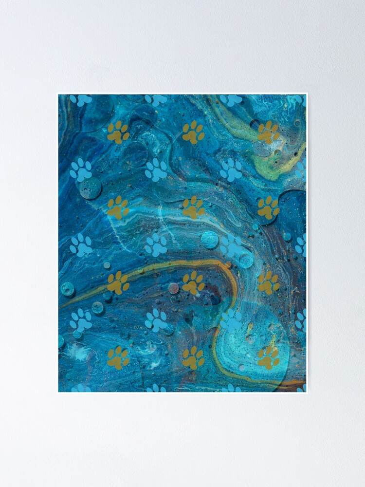 "dark blue and gold watercolor marble background with dog and cat paw