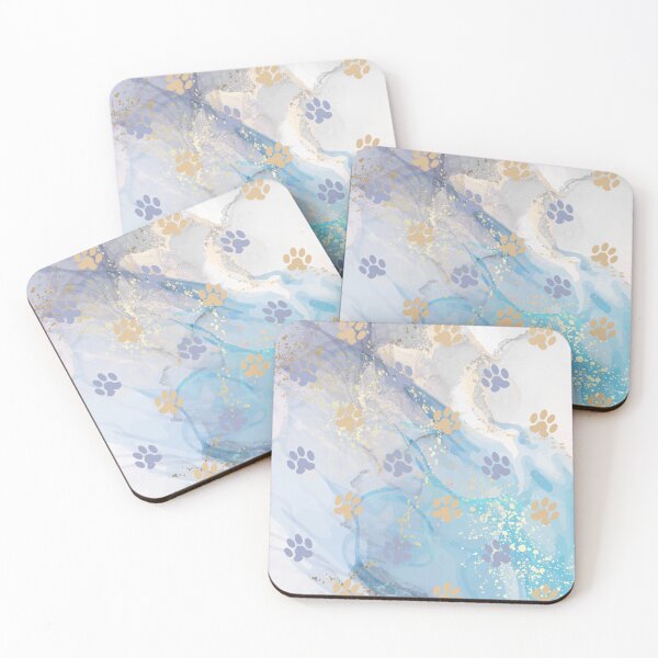 Item preview, luxury light blue and gold watercolor marble background with dog and cat paw print designed and sold by Beeroclock.