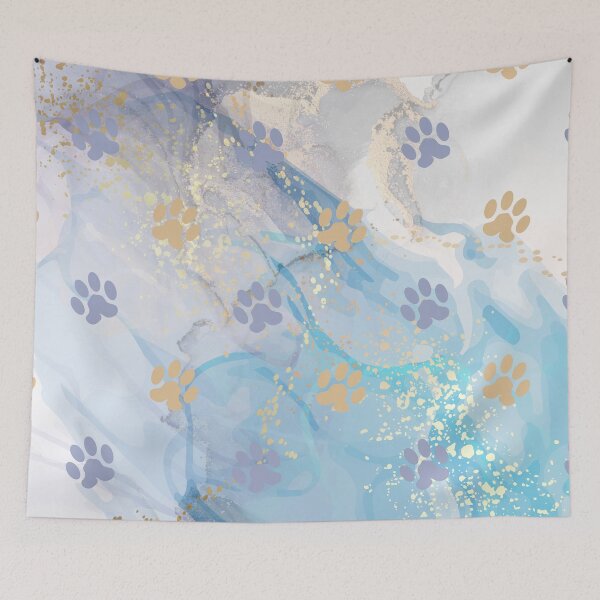 Item preview, luxury light blue and gold watercolor marble background with dog and cat paw print designed and sold by Beeroclock.