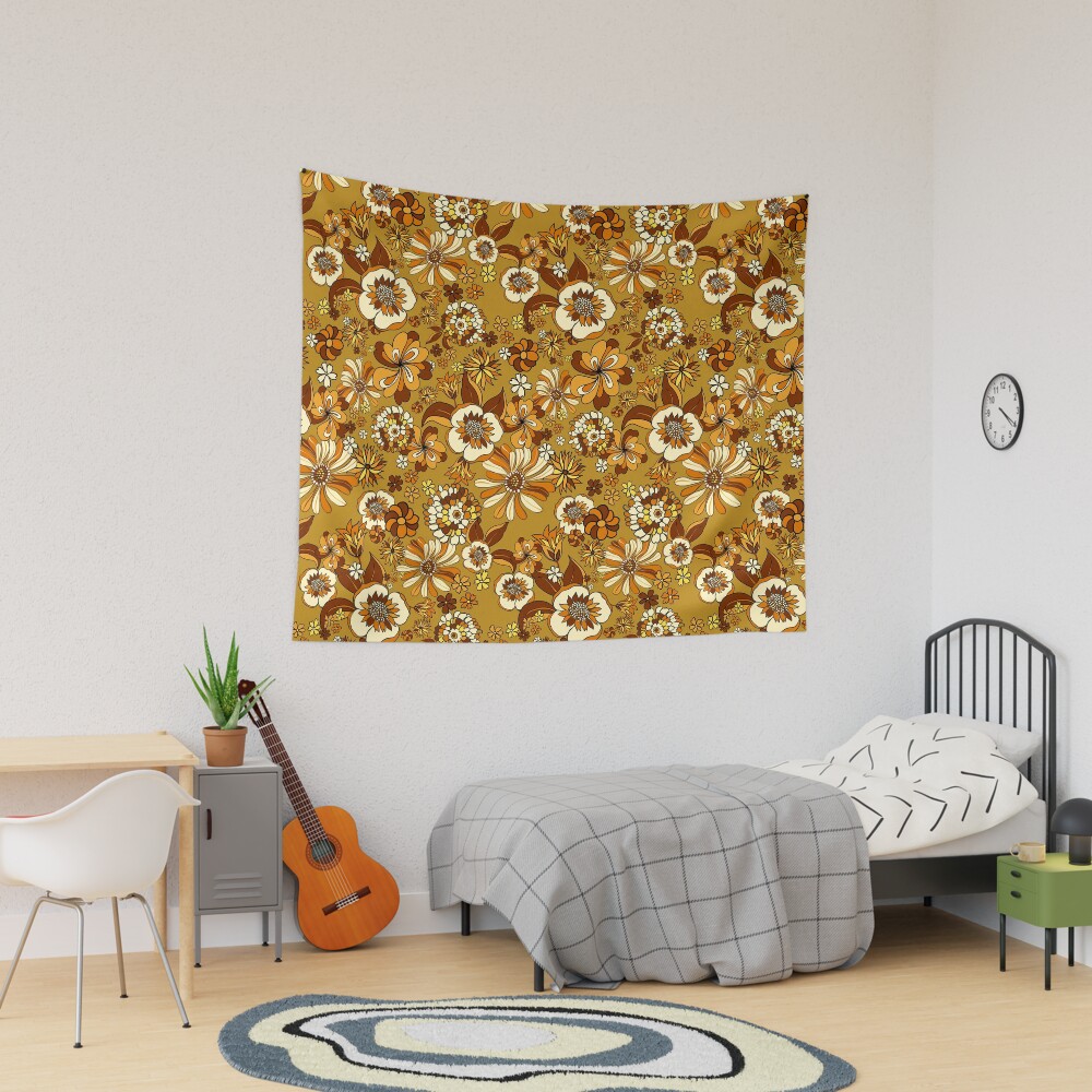 Yellow Flower Wall Tapestry, yellow wall tapestry, floral wall tapestry, dorm room decor, mustard hot tapestry, yellow white tapestry