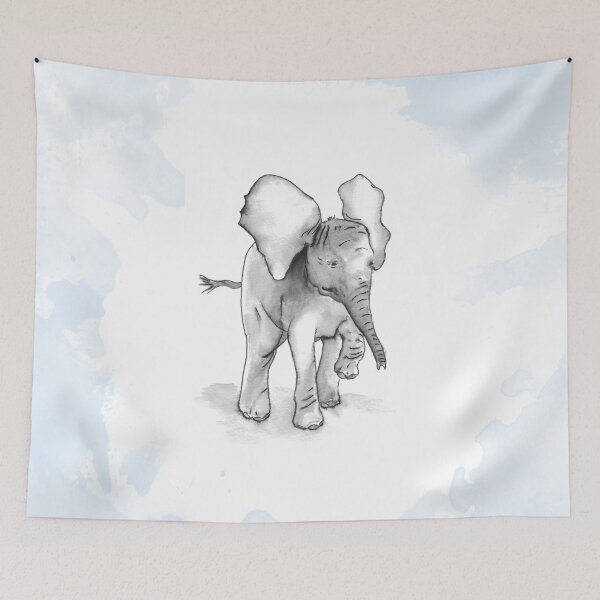 Item preview, Baby Elephant on Blue, Ink and Wash Technique designed and sold by HeartwoodStudio.