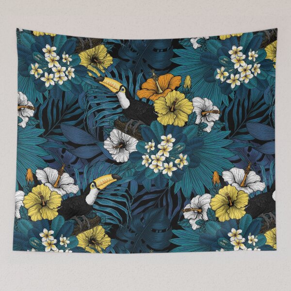 Item preview, Toucans amd tropical flora, blue , yellow , orange and white designed and sold by Katerina Mitkova Kirilova.