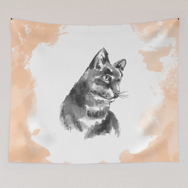 Item preview, Cat Portrait on Orange, Ink and Wash Technique designed and sold by HeartwoodStudio.